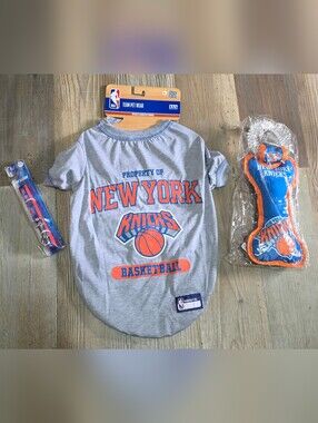 NBA New York Knicks Team Pet Wear, Leash And Dog Toy Bundle